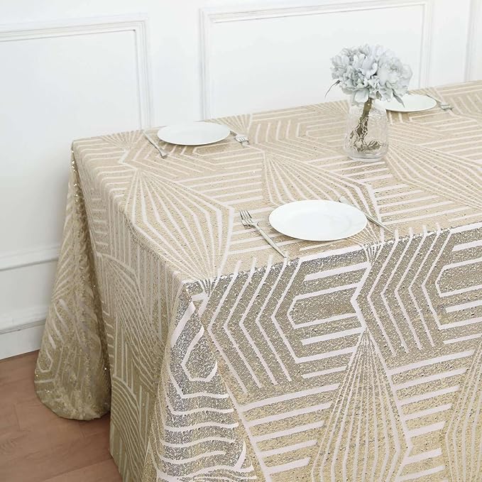 Efavormart 90"X132" Champagne Sparkly Sequin Geometric Tulle Rectangular Tablecloth