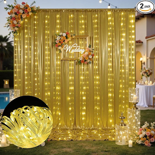 10x10 Gold Sequin Backdrop Curtain with Lights-Wrinkle Free Thick Glitter Backdrop Drapes for Wedding Parties Events Halloween Decor-2 Panels 5×10ft Shimmer Photo Booth Background for Photography