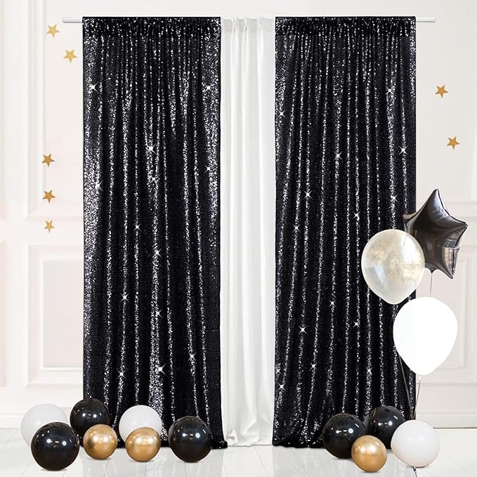 Eternal Beauty Black Sequin Backdrop Curtains, Halloween Shimmer Back Drop 2Panels-2FTx8FT for Christmas, Party, Birthday, Photography, Wedding, Baby Shower Event Decoration