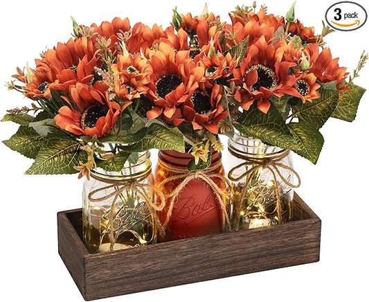 3 Pcs Fall Mason Jar Centerpiece Table Decorations for Dining Table Decor Farmhouse Coffee Table Decor with Wood Tray and Led Light Table Centerpieces for Dining Room Kitchen Living,Orange