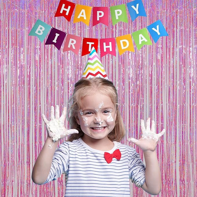 Melsan 3 Pack 3.2 x 8.2 ft Foil Fringe Curtains - Pink Tinsel Curtain Unicorn Birthday Hello Kitty Birthday Decorations Photo Backdrop for Party Decoration Engagement or Bachelorette Party Supplies