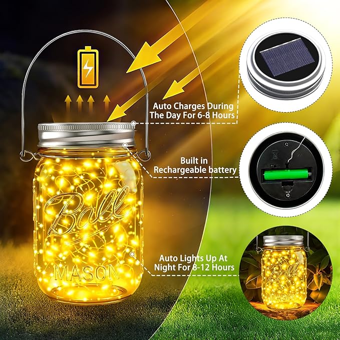 ZNYCYE Mason Jar Solar Lights for Outside, 6 Pack 30 LED Fairy Lights Mason Jar Solar Lids Outdoor Waterproof String Lights with Hangers (No Jars) for Patio Garden Yard Lawn Decor - Warm White