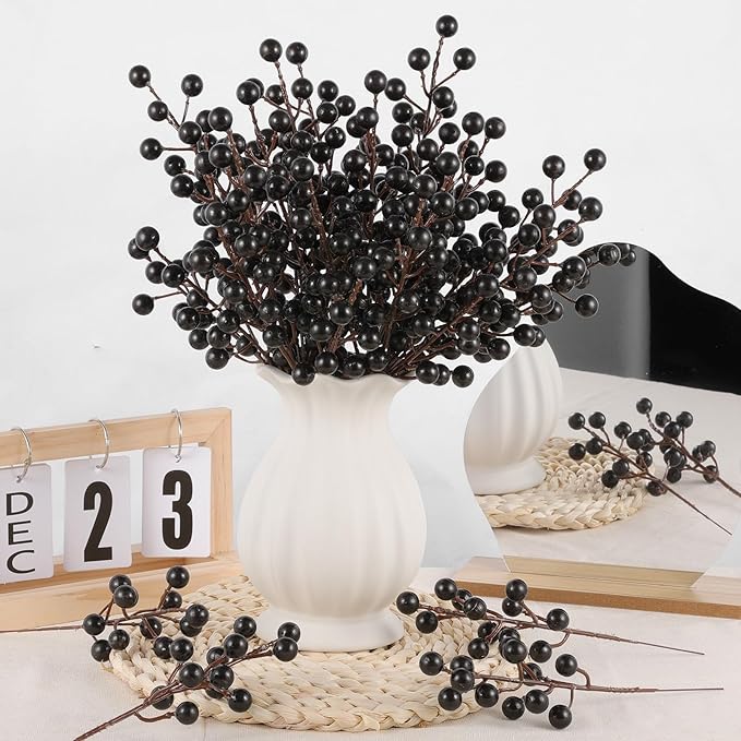 40 Pcs Artificial Berry Stems Branches, Halloween Black Faux Holly Berries Picks Ornaments for Christmas Tree Wreath DIY Craft Decorations Holiday Home Decor (40, Black)
