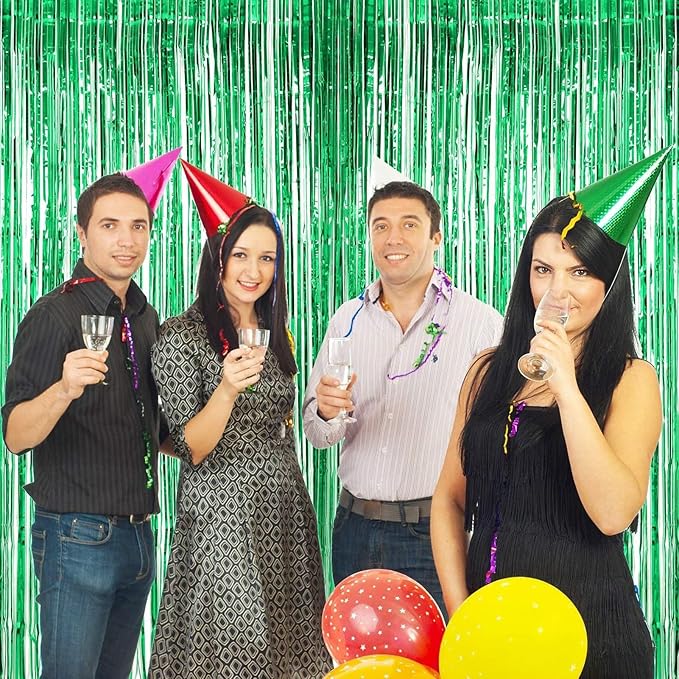 BEISHIDA 4 Pcs Green Door Streamers Tinsel Curtain Party Streamers Backdrop Fringe Foil Wall Background for Birthday Halloween Christmas Wedding Party Decoration(3.28 ft x 6.56 ft)