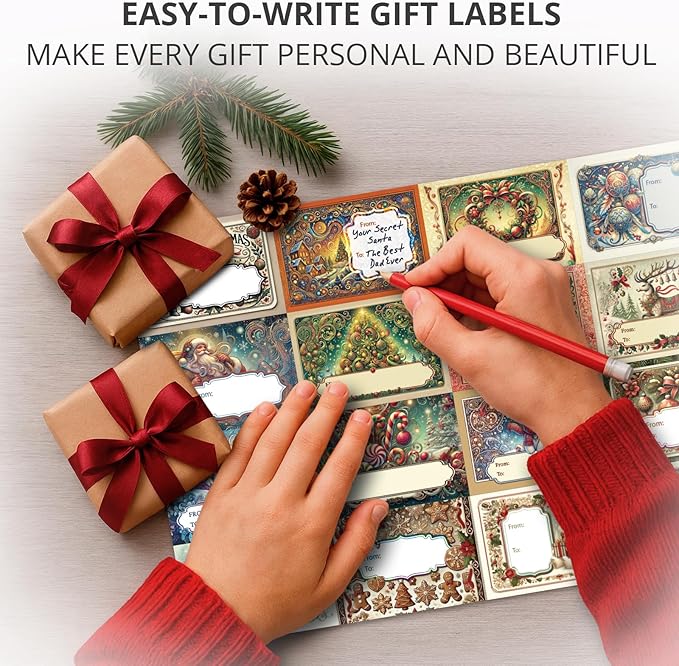 X-Protector Christmas Gift Tags 100 PCS - 2.4x1.7 in Christmas Wrapping Paper Name Tags - 5 Sheets of Self-Adhesive Xmas Present Labels Stickers - Peel and Stick Gift Wrap Tags!