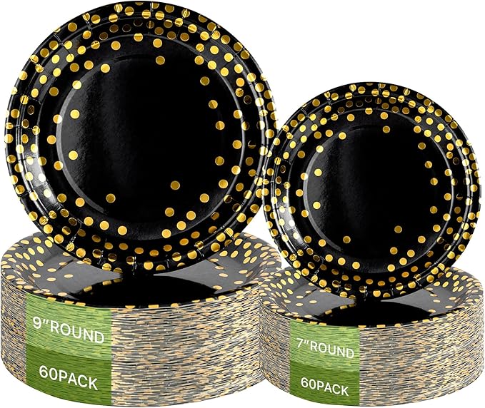 Lullaby 120PCS Black Paper Plates, Black and Gold Paper Plate, 60pcs Dinner Plates 9"，60pcs Dessert Plates 7", Disposable Graduation Plates with Golden Dot for Birthday party, Halloween