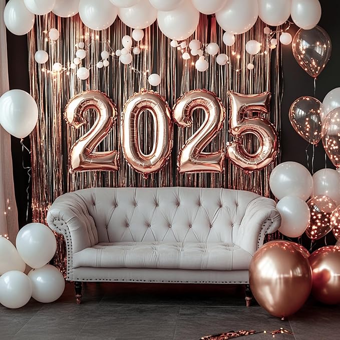 PartyWoo Rose Gold Curtains Backdrop Streamers 3pcs 8.2ft Rose Gold Foil Fringe Tinsel Backdrop Curtain for 21st Birthday Baby Shower Bridal Shower Wedding Engagement Groovy Pajama Party Decorations