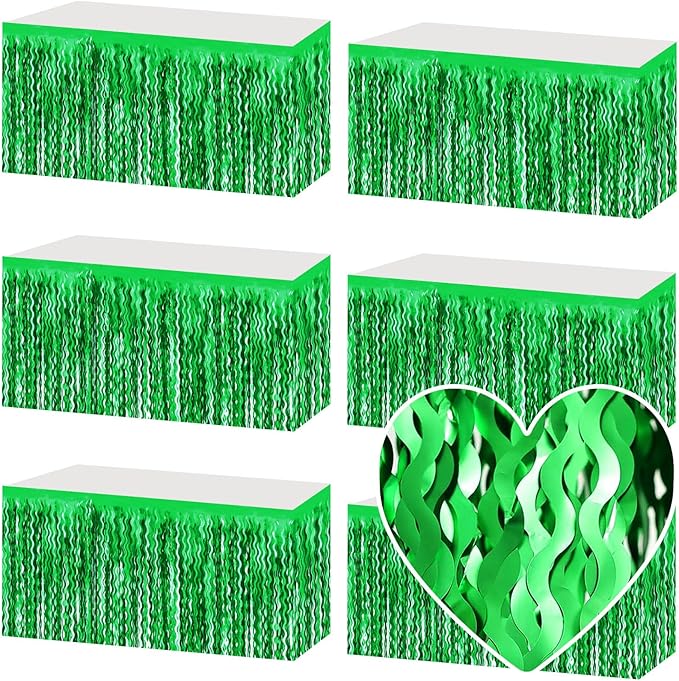 6 Pack 29x108 Inch Green Wave Foil Fringe Table Skirts Metallic Banner for Tinsel Streamer Garland Backdrop for Parade Floats Wedding, Mother's Day, Birthday Mardi Gras Party Decorations