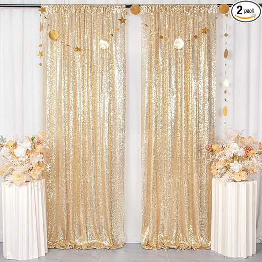 ShinyBeauty Sequin Gold Backdrop Curtains 2PCS Light Gold Glitter Background Sparkle Photography Backdrop Outdoor Backdrop (4FTx8FT,Light Gold)