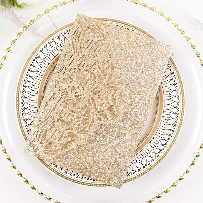 25pcs Gold Glitter Laser Cut Invitations Tri-Fold Blank Personalized Wedding Invitations Pocket With Envelopes and Rsvp Cards for Wedding Bridal Shower Quinceanera 15 Anos Invite