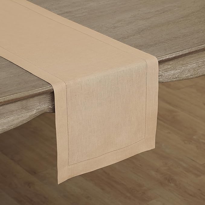 Solino Home Linen Beige Table Runner 120 Inches Long - 100% Pure Linen 14 x 120 Inch Table Runner for Fall, Autumn, Thanksgiving, Christmas - Classic Hemstitch