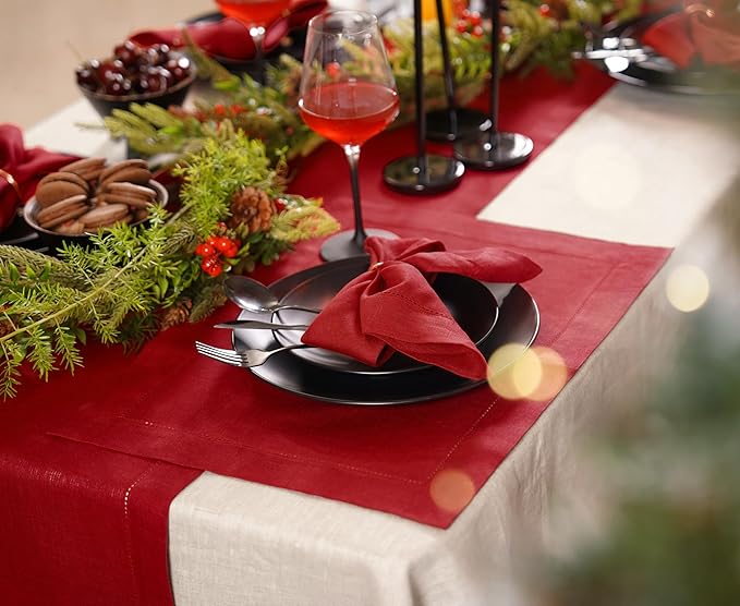 Home Ekka 100% Pure Linen Red Table Runner 14 × 48 Inch – Small Hemstitch Christmas Table Runner – Cloth Fabric Runner for Thanksgiving, Winter & New Year Table Décor – Elara Collection