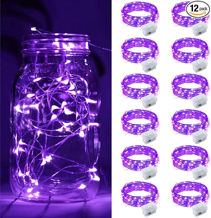 ZGWJ 12 Pack Fairy Lights Battery Operated, 7ft 20 Mini LED Fairy String Lights Silver Wire 3 Modes for DIY, Parties, Wedding, Bedroom, Halloween Christmas Decoration Purple