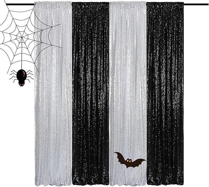 Sequin Backdrop Curtains 2FTx8FT 4 Panels Glitter Drapes Sparkly Photography Background for Wedding Birthday Party Bridal Baby Shower (Silver x 2+Black x 2)