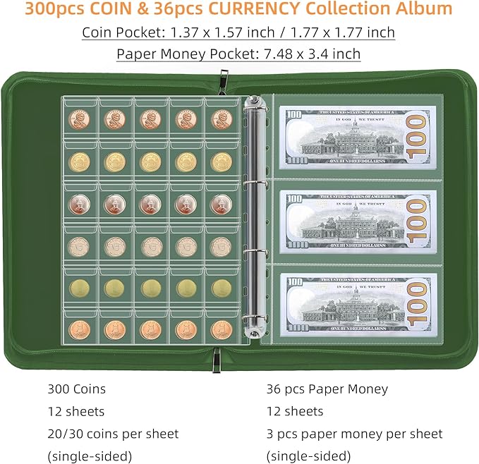 Coin Collection Book Holder for Collectors, 300 Pockets Fireproof Coins Collecting Album & 36 Sleeves Money Storage Case for Coin Currency Collection Supplies, Bill, Pennies, Quarters, Stamp,Green