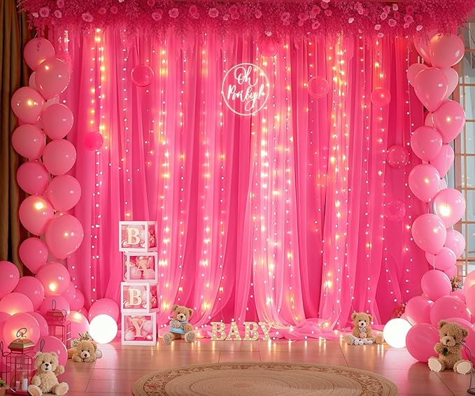 Hot Pink Tulle Backdrop Curtain with Lights String for Parties 30x8ft Fuchsia Sheer Backdrop Curtains for Weddings Birthday Party Baby Shower Photo Shoot Background Decorations(6 Panels 5ft×8ft)