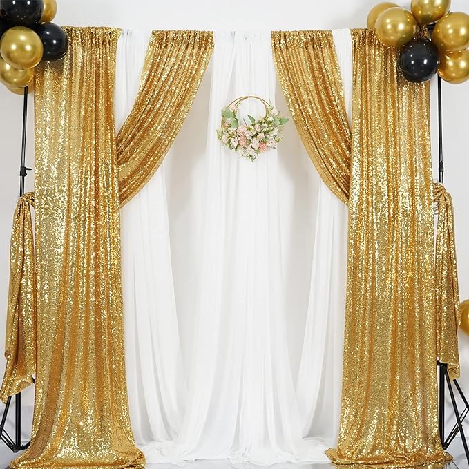 Poise3EHome Gold Sequin Backdrop Curtains, 2 Panels Gold Sequin Backdrop, 2FTx8FT Sequin Curtains for Party Wedding Sequence Backdrop