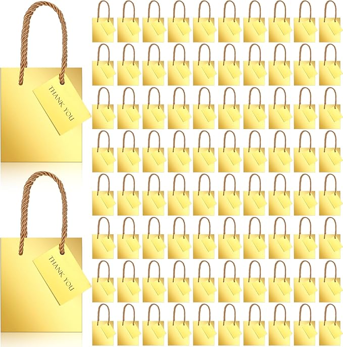 Sherr 100 Pack Mini Gift Bags Bulk, 4 x 2.75 x 4.5 Inches Paper Bags with Tags, Extra Small Paper Gift Boxes with Handles for Birthday, Party Favors, Weddings, Small Business(Gold)