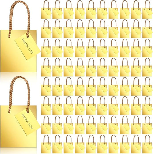 Sherr 100 Pack Mini Gift Bags Bulk, 4 x 2.75 x 4.5 Inches Paper Bags with Tags, Extra Small Paper Gift Boxes with Handles for Birthday, Party Favors, Weddings, Small Business(Gold)