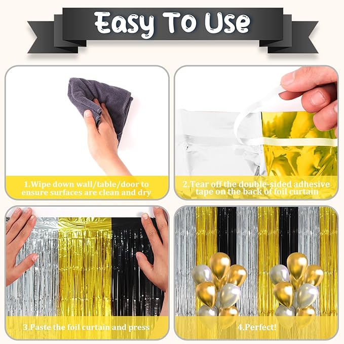 3 Pack 3.3 x 8.2 ft Black Gold Silver Foil Fringe Backdrop Curtains, Tinsel Streamers Party Decorations, Fringe Backdrop, Door Shimmer for New Years or Birthday Party