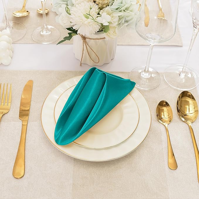 12 Pieces Teal Satin Napkins, 17" x 17" Square Table Napkins, Silky Soft Smooth Washable Napkins for Restaurant, Weddings, Dinner, Party Decoration