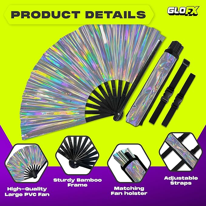 Holographic Folding Fan with Holster – Large Handheld Fan for Line Dancing, Festivals, Pride, and Costumes – Loud Bamboo Fan with Matching Belt Holster
