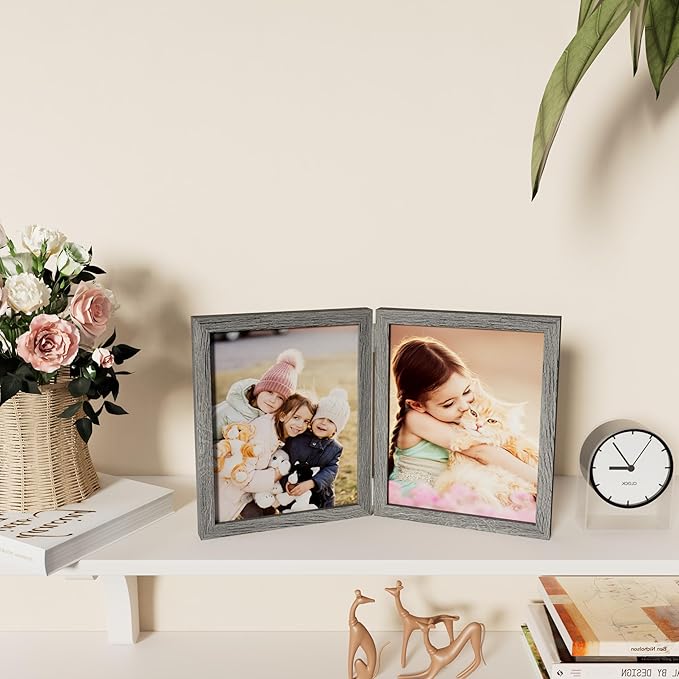 decorUhome Double 8x10 Picture Frame Vertical, Engineered Wood Bifold Photo Frame with Plexiglass for Tabletop Display, 8x10, Grey