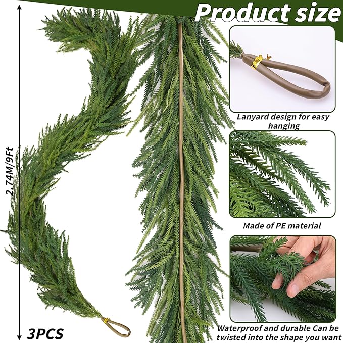 3 Pcs Artificial Norfolk Pine Garlands Christmas, 9 FT Dense Real Touch Winter Pine Garland Ornament, Green Artificial Greenery Garland for Table, Mantle, Wall, Indoor, Outdoor Christmas Decorations