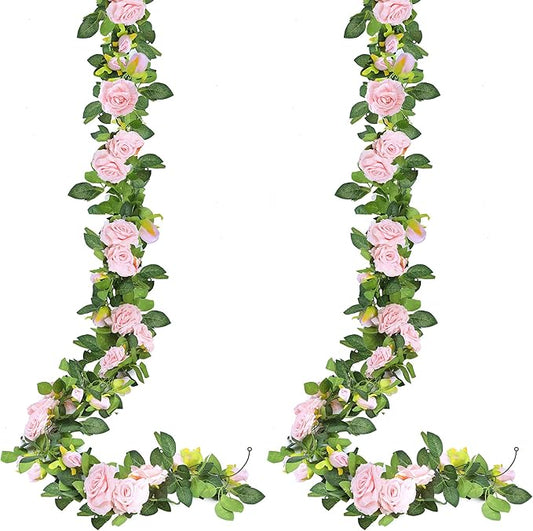Sggvecsy 2Pcs 15.5Ft Artificial Rose Vine Fake Flower Garland Floral Garland Faux Silk Hanging Vine Rose Ivy Vines for Wedding Arch Party Wall Garden Ceremony Background Outdoor Decor (Pink)