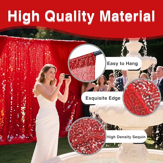 VOK Red Sequin Backdrop Curtains 2 Panels 2FTx8FT Glitter Photography Background for Wedding Birthday Christmas Party Decorations