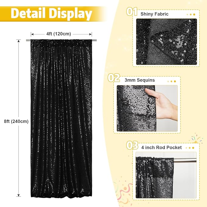 Poise3EHome 4x8ft Black Sequin Backdrop, Upgrade Shimmer Backdrop for Halloween Decor, Party Photo Booths, and Event Decorations
