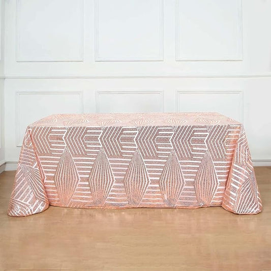Efavormart 90"X132" Blush Rose Gold Sparkly Sequin Geometric Tulle Rectangular Tablecloth