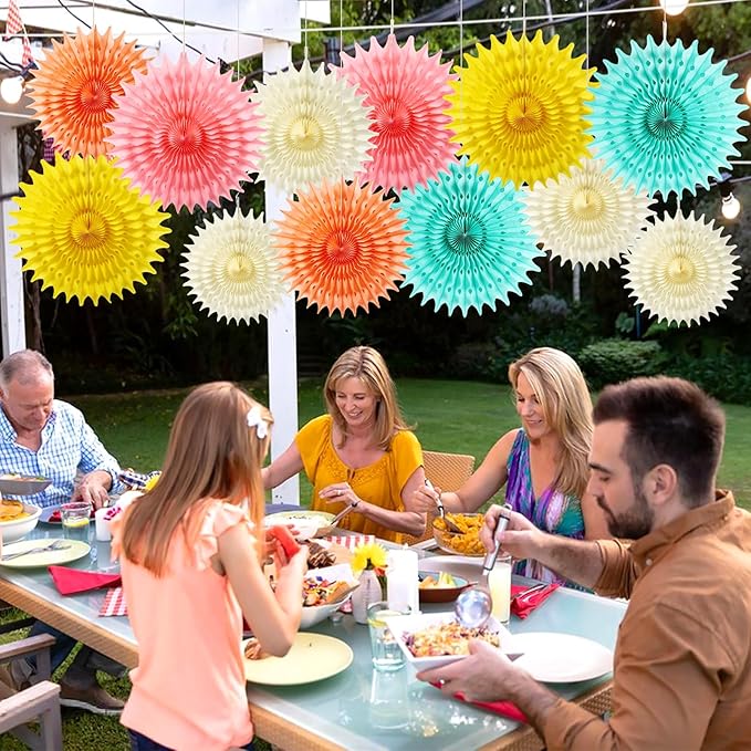 12PCS Paper Fans Colorful Rainbow Pastel Party Decorations Tissue Paper Flowers Decorations for Girl Groovy Birthday Baby Shower Wedding Bachelorette Room Wall Hanging Décor