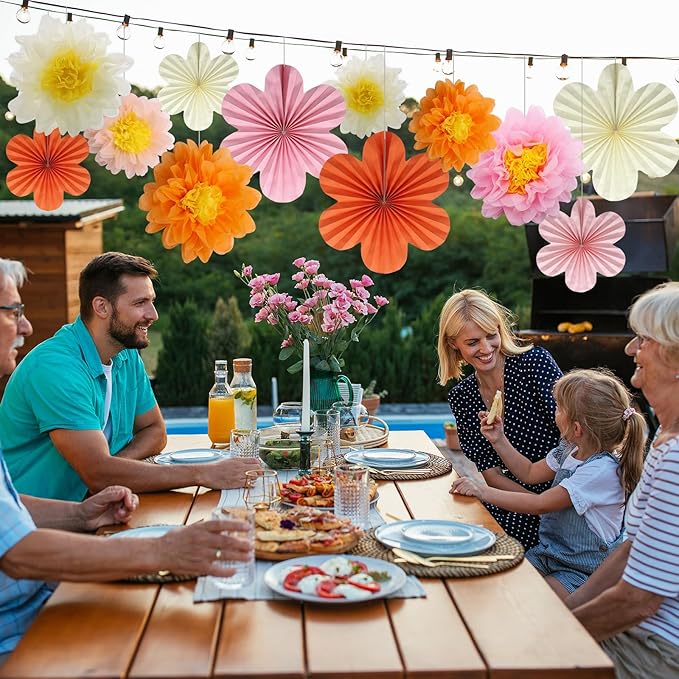 BestoFun 12PCS Paper Flowers Fans Pink Orange Party Decorations Tissue Paper Flowers Decorations for Girl Groovy Birthday Baby Shower Wedding Bachelorette Room Wall Hanging Décor