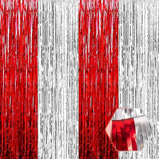 6 Pack Red Silver Foil Fringe Curtain Backdrop, 3.28Ft x 8.2Ft Metallic Tinsel Foil Fringe Streamer Curtains for Photo Booth, Birthday, Wedding, New Year Party Decorations