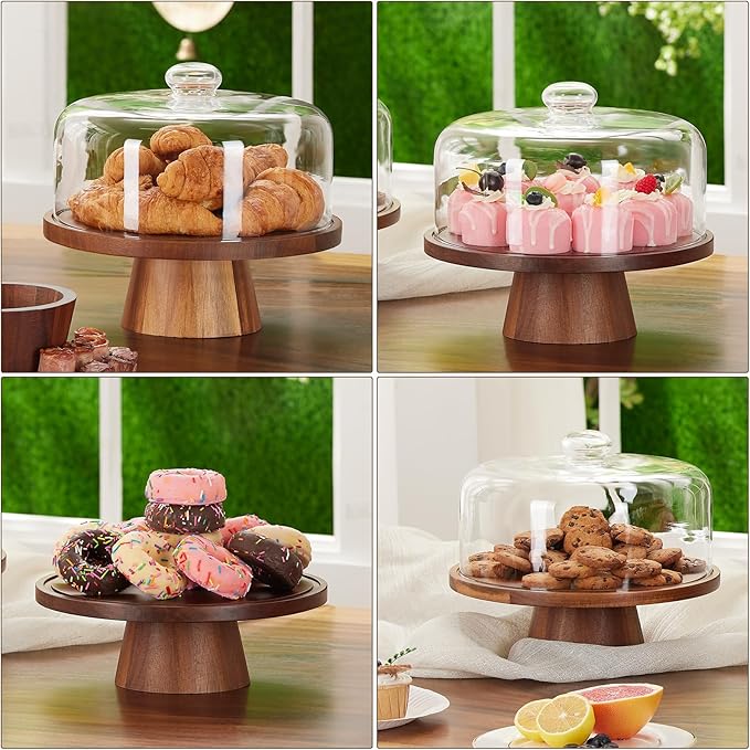 Wooden Cake Stand with Lid, Acacia Cake Stand with Glass Dome, 11-Inch Versatile Dessert Stand with Strong Magnetic Pedestal, Cake Holder for Birthday/Kitchen/Party/Charcuterie