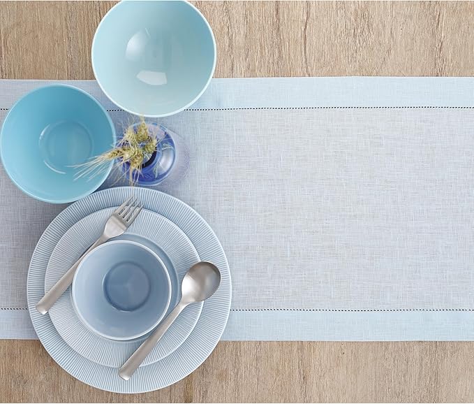 Solino Home Linen Light Blue Table Runner 108 Inches Long - 100% Pure Linen 14 x 108 Inch Table Runner - Classic Hemstitch