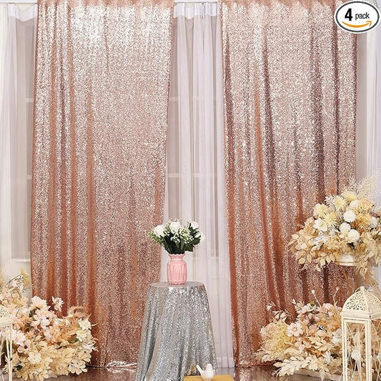Poise3EHome Rose Gold Sequin Backdrop Curtain, 4 Pieces 3FT x 8FT Sequin Backdrop Panels,Sequence Wedding Party Background Drapes