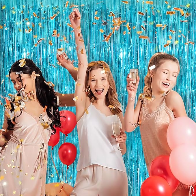 Sky Blue Metallic Tinsel Foil Fringe Curtain, 2 Pack 3.3x8.3 Feet Party Streamer for Birthday Party Decorations, Halloween Decor, Foil Curtain for Bachelorette Party