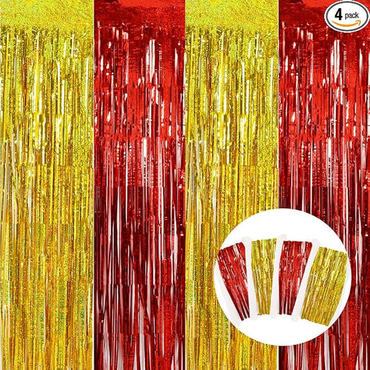 BEISHIDA 4 Pcs Red and Gold Party Streamers Fringe Foil Curtain Backdrop Tinsel Background Party Decoration for Chinese New Years Graduation Birthday Wedding Anniversary Christmas Party Decoration
