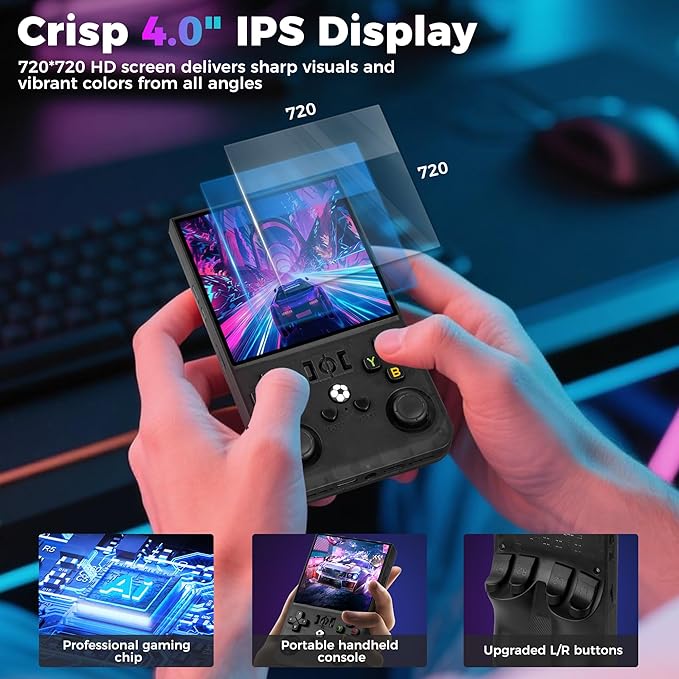 R36MAX Retro Game Console, Handheld Game Console with 4.0-in IPS HD Screen，Video Game Consoles with 64GB Memory, Portable Games Consoles with Storage Bag（Black）