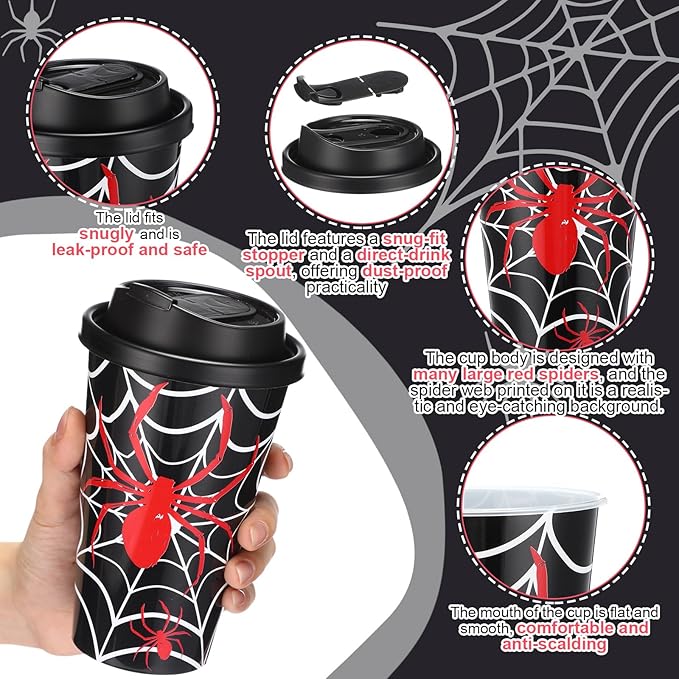 Yungyan 16 Sets Spider Party Favors Goodie Cups with Lids and Straws for Halloween Party Decorations Reusable 16oz Plastic Candy Cups Plastic Straws for Birthday Gift (Spider)