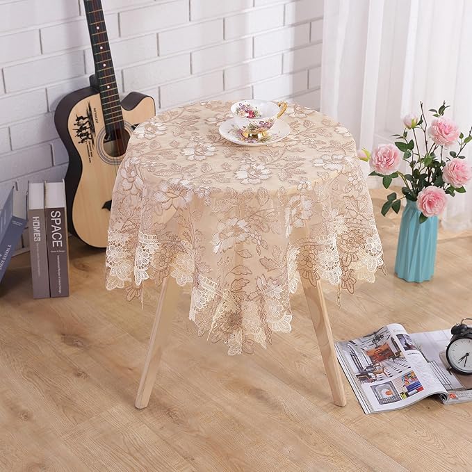 Round Embroidered Lace Tablecloth Vintage Decorative Exquisite Border Table Cover for Party Wedding Home Decorations, Round-70, Beige