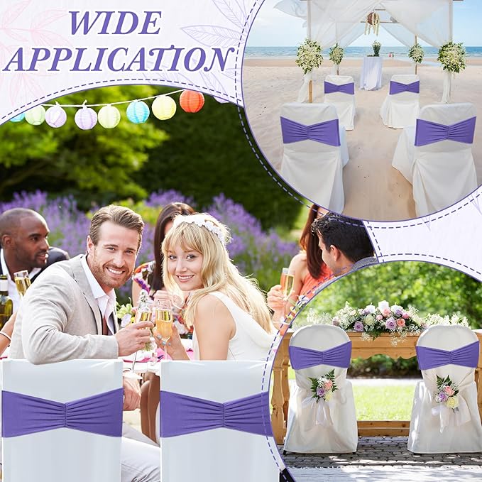 Moukeren 100 Pcs Spandex Chair Sashes Bows Bands Slider Sashes for Chair Covers Elastic Bands Ties Ribbon Decorations for Wedding Party Events Ceremony Birthday Banquet(Lavender Purple)
