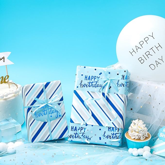 LeZakaa Reversible Blue Birthday Wrapping Paper Roll for Boys Men, Happy Birthday Lettering & Stripe Pattern with Metallic Foil in Blue, Mini Roll, 17 inches x 32.8 Feet (46.45 sq.ft.)