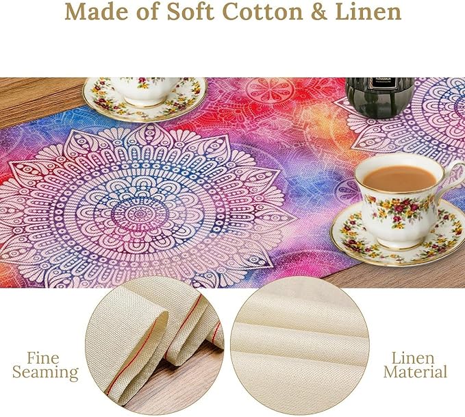 Vintage Mandala Table Runner, Bohemian Indian Purple Starry Colorful Floral Print Table Runner for Home Kitchen Dining Table Party Decor, 13x120inch