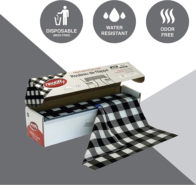 Neatiffy Disposable Plastic Table Cloth Roll | 54 in x 108 Ft Waterproof Tablecloth | Table Cover for Rectangle, Square, Round Oval Tables | Picnic, Party, Banquet, Birthdays, Weddings, BlackCheckered