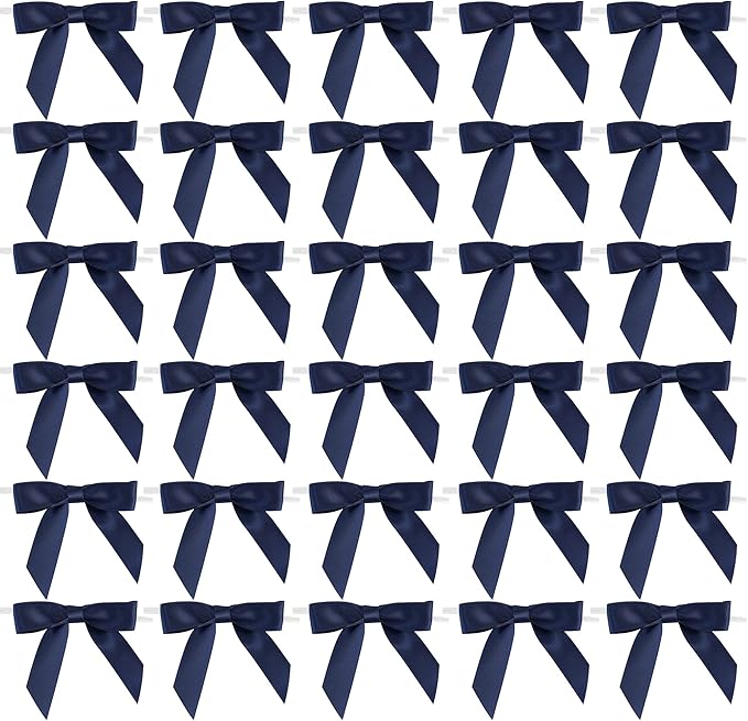 AIMUDI Navy Blue Satin Ribbon Twist Tie Bows 2.5" Pretied Bows Premade Craft Bows for Treat Bags Cake Pop Gift Wrapping Basket Wedding Favors Cookie Candy Bagging Baby Shower - 50 Counts