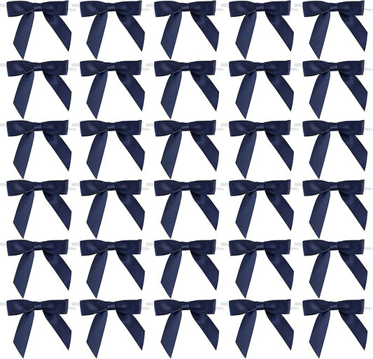 AIMUDI Navy Blue Satin Ribbon Twist Tie Bows 2.5" Pretied Bows Premade Craft Bows for Treat Bags Cake Pop Gift Wrapping Basket Wedding Favors Cookie Candy Bagging Baby Shower - 50 Counts