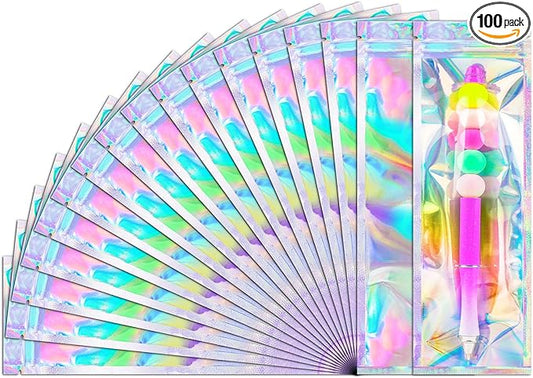 FUNFERY 100 Pack Holographic Bags Clear Window Resealable Bags for Candy Party Favor, Mylar Zipper Bag Stripping Foil Pouch Packaging Bag for Pen,Jewelry,Brushes Small Business Supplies(2.7x9in)